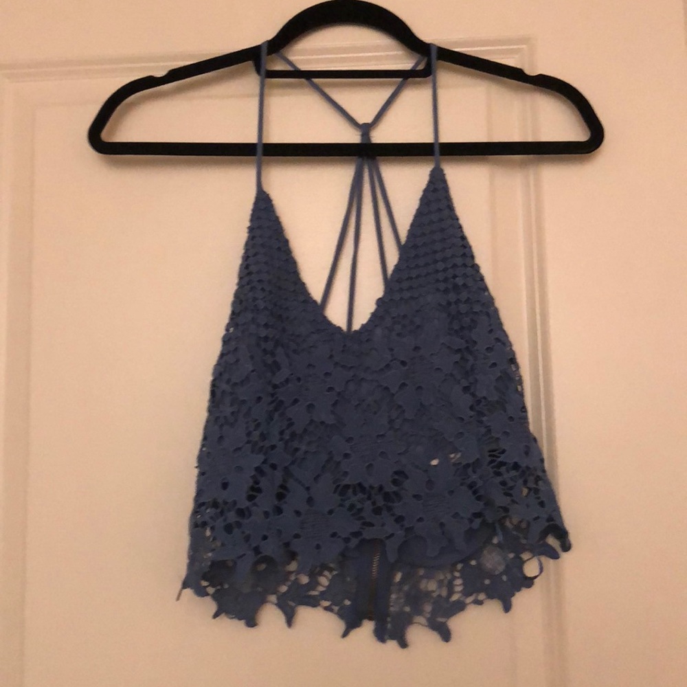 Blue lace crop top w/ fun back!